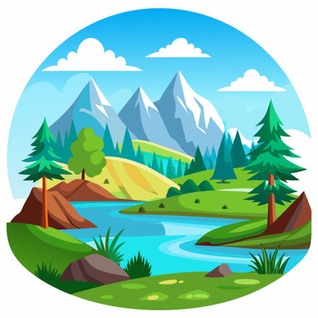 A scenic view of a river winding through a lush green valley, surrounded by mountains and a blue sky with clouds.のイラスト素材