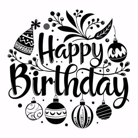 Hand drawn Happy Birthday text with party hat and ornaments.のイラスト素材