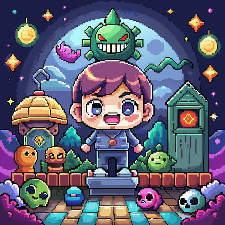 Pixelated cartoon boy standing in front of a night sky with stars and a moon.のイラスト素材