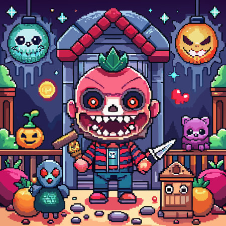Pixelated monster with a knife, holding a pumpkin, standing in front of a house with a cat and a pumpkin.のイラスト素材