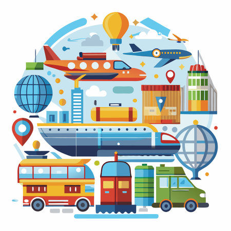 Colorful transportation icons with a globe, airplane, ship, bus and truck.のイラスト素材