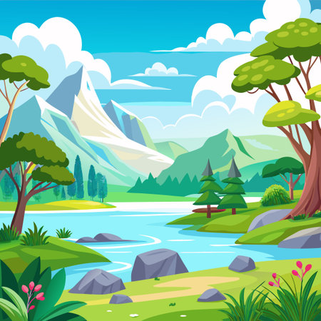 Scenic mountain lake landscape with trees, river, and blue sky.のイラスト素材