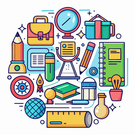 Colorful Back to School Supplies with a Book, Pencil, Notebook, and More.のイラスト素材