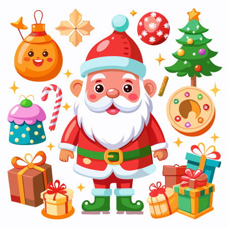 Cheerful Santa Claus surrounded by festive Christmas decorations and gifts.のイラスト素材