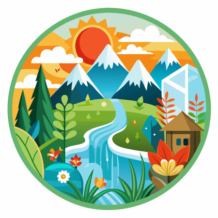 Colorful illustration of a mountain range with a river, waterfall, and a small house in a circular frame.のイラスト素材