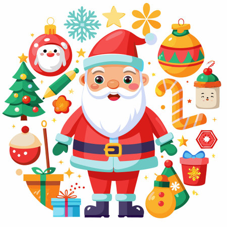 Cheerful Santa Claus surrounded by Christmas elements in a cartoon style.のイラスト素材
