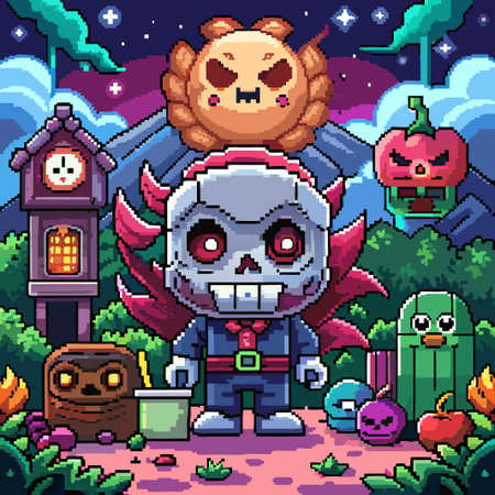 Pixelated skull character wearing a bow tie, standing in a night time landscape.のイラスト素材