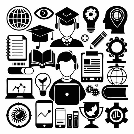 A collection of black and white icons related to education and technology, such as a graduation cap, laptop, and globe.のイラスト素材