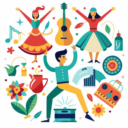 Colorful illustration of a man and two women dancing with various objects around them.のイラスト素材