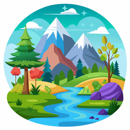 A picturesque landscape featuring snow-capped mountains, a winding river, lush green trees, and a vibrant blue sky.のイラスト素材
