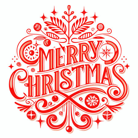 Red and white hand-drawn Christmas greeting with festive ornaments.のイラスト素材