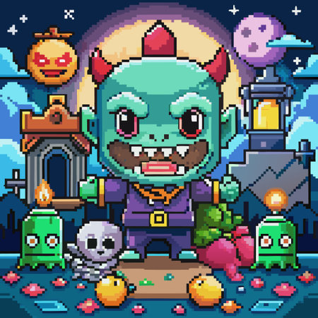 A pixelated monster with horns and red eyes is standing in front of a spooky background with a full moon and a cemetery.のイラスト素材