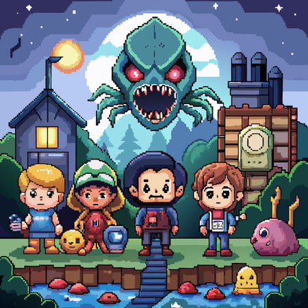 Pixelated characters standing in front of a scary monster in a nighttime scene.のイラスト素材