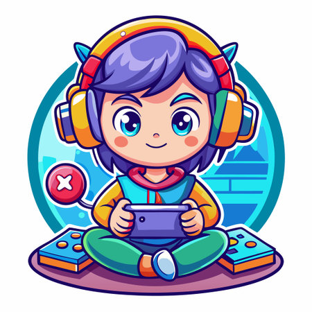 A young, happy gamer character is playing video games on a tablet.のイラスト素材