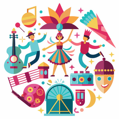Colorful illustration of people dancing, a guitar, and carnival attractions.のイラスト素材