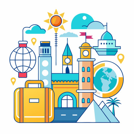 Travel illustration with a suitcase, buildings, sun, clouds, and the globe.のイラスト素材