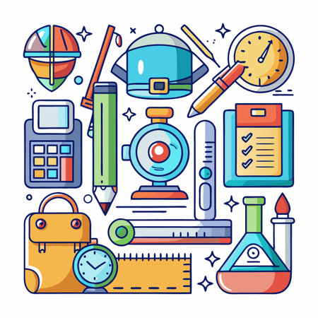Colorful outline icons of school supplies.のイラスト素材