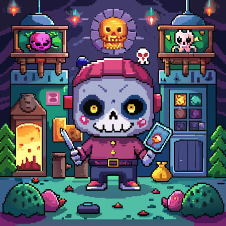 Pixel art character with skull head in a fantasy setting.のイラスト素材