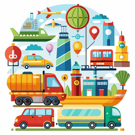 Colorful illustration of various modes of transportation, including cars, trucks, a boat, a plane, and a bus, arranged in a circular formation.のイラスト素材