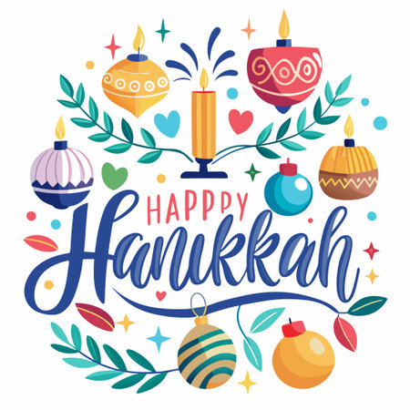 Colorful illustration of Happy Hanukkah with candles, leaves, and stars.のイラスト素材