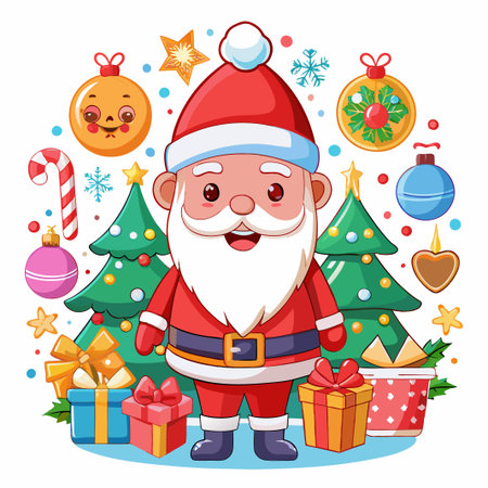 Cute cartoon Santa Claus with Christmas tree, gifts and ornaments.のイラスト素材