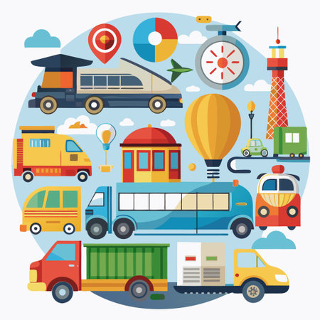 Colorful transportation icons set with trucks, buses, cars, train, and hot air balloon.のイラスト素材