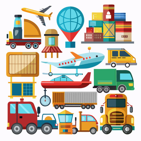 Colorful transport and travel icons set for global logistics.のイラスト素材