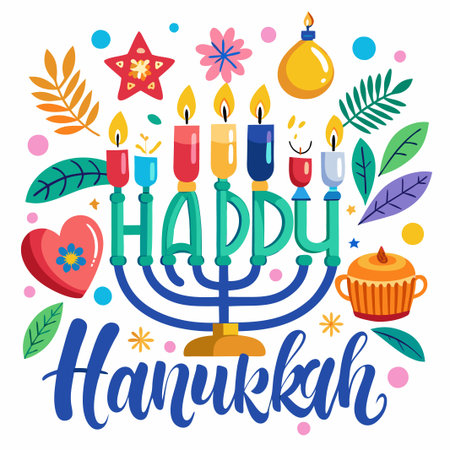 Colorful Happy Hanukkah Greeting Card with Menorah, Candles and Decorations.のイラスト素材