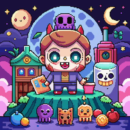 Pixelated character in front of a full moon with other characters and objects.のイラスト素材