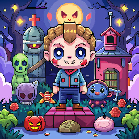 Cute cartoon character in a pixel art style standing in front of a mysterious house.のイラスト素材