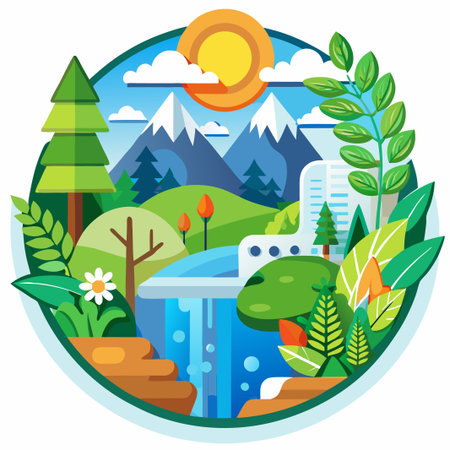Circular illustration of a forest scene with mountains, waterfall, trees, flowers and blue sky.のイラスト素材