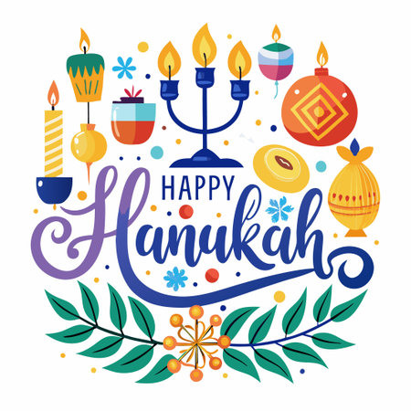 Colorful illustration of Hanukkah menorah with candles, dreidel, and other symbols.のイラスト素材