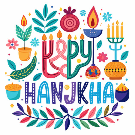 Colorful illustration with "Happy Hanukkah" written in bold letters and a variety of festive elements.のイラスト素材