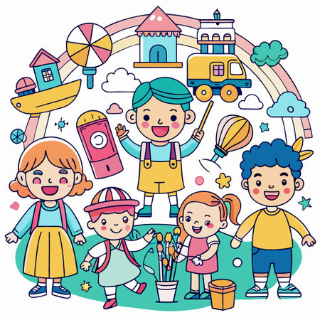Four happy children playing together surrounded by rainbow and various colorful objects.のイラスト素材