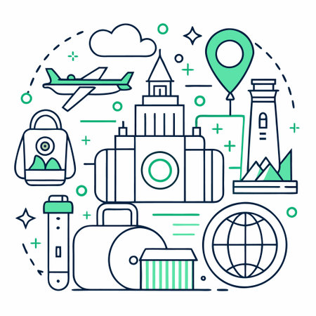 Travel line icons with airplane, luggage, backpack, location, lighthouse, and world map.のイラスト素材