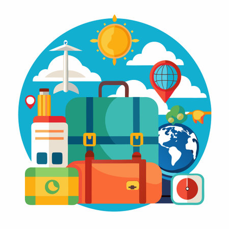 Travel Illustration with Suitcases, Airplane, Compass and World Map.のイラスト素材