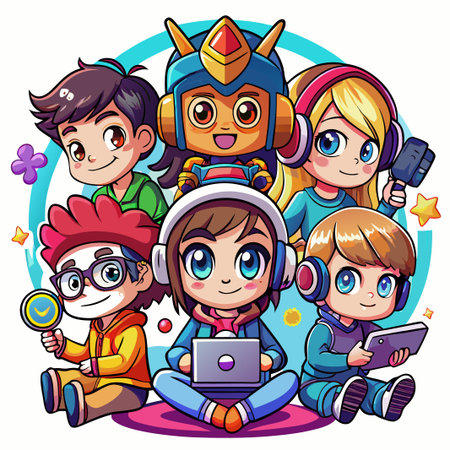 Group of cartoon kids wearing headphones and holding different devices.のイラスト素材