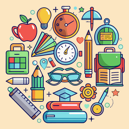 Colorful  illustration of school supplies arranged in a heart shape.のイラスト素材