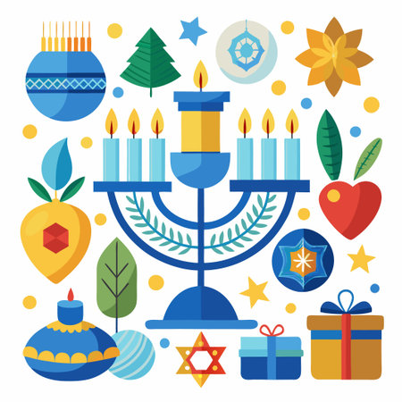 Colorful Hanukkah celebration illustration with menorah, candles, gifts, and stars.のイラスト素材