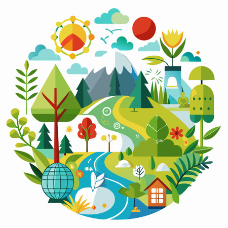 Colorful, abstract illustration of nature with trees, flowers, a lake, and a house.のイラスト素材