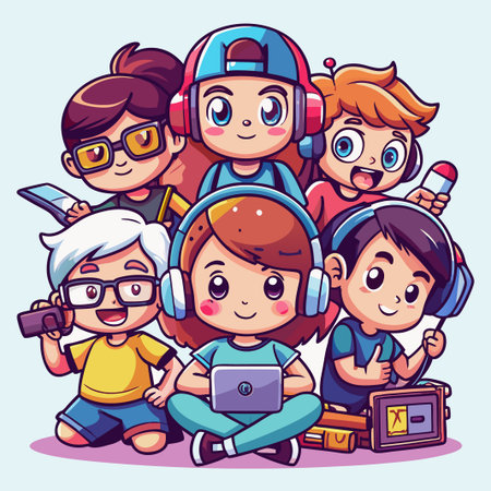 Six happy cartoon kids with headphones and electronics.のイラスト素材