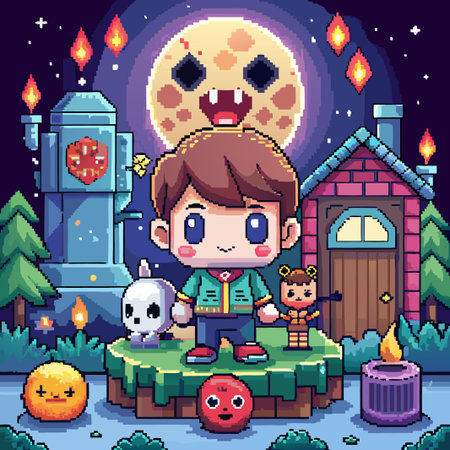 Pixel art illustration of a boy standing in front of a house with a full moon.のイラスト素材