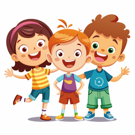 Three happy cartoon children standing together.のイラスト素材