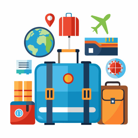 Luggage, globe, passport, plane ticket, and a small backpack.のイラスト素材