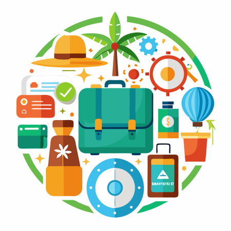Luggage, hat, palm tree, money, compass, hot air balloon and other travel essentials arranged in a circle.のイラスト素材