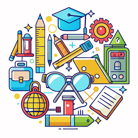 Colorful school supplies icons in a circle.のイラスト素材