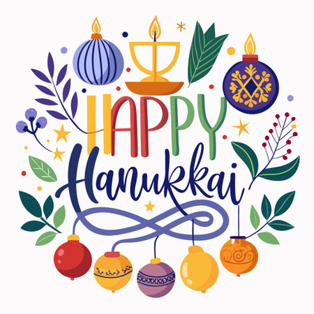 Colorful Illustration of "Happy Hanukkah" with Ornaments and Candles.のイラスト素材