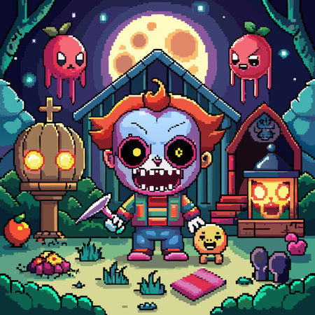 Pixelated Halloween character with a glowing skull and spooky friends.のイラスト素材