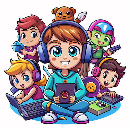 A group of cartoon kids wearing headphones and using electronics.のイラスト素材