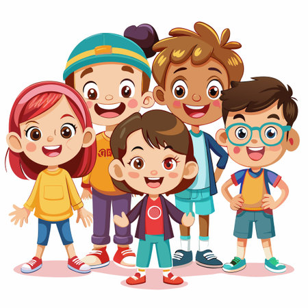 A group of four diverse children smiling and standing together.のイラスト素材